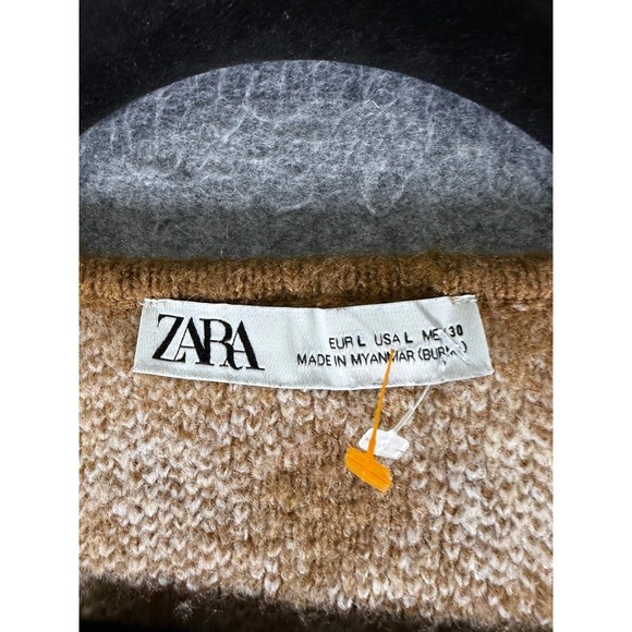 ZARA Argyle Cardigan Sweater Brown White Cropped Long Sleeve Knit Women's Large - Picture 3 of 8